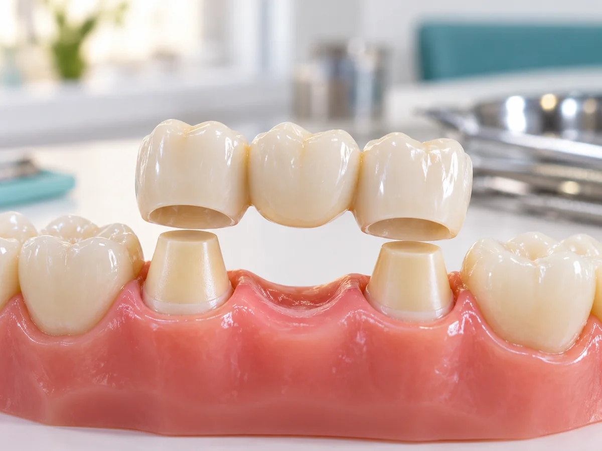 A ceramic dental bridge above two supporting teeth on a demonstration model