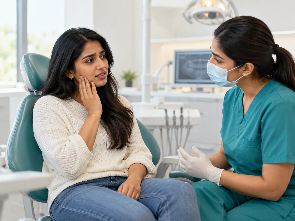 Illustration of a dentist consulting with a patient experiencing jaw pain