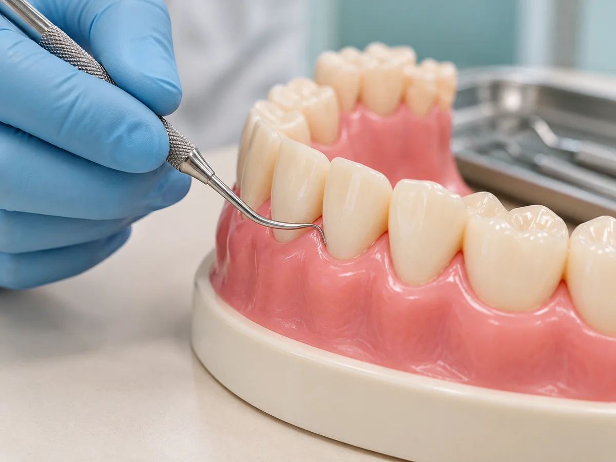 A periodontal scaler demonstrating gumline cleaning on a dental model