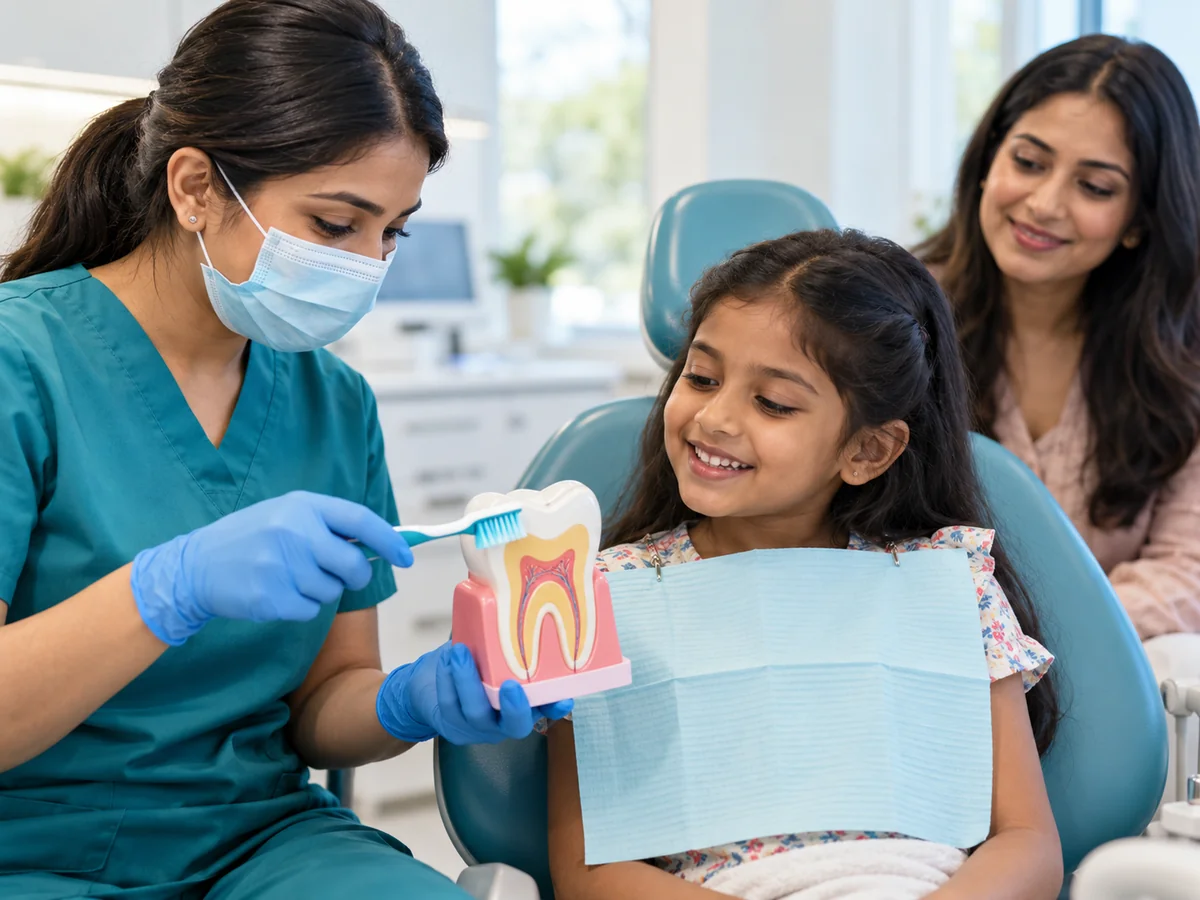 Illustration of a dentist teaching a child to brush using a tooth model