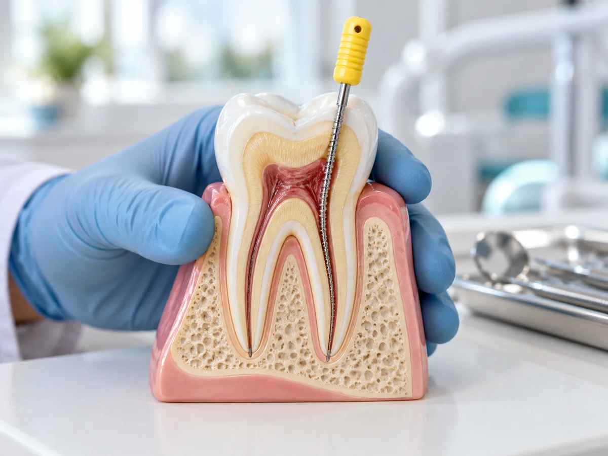 Educational tooth model showing an endodontic file inside a root canal