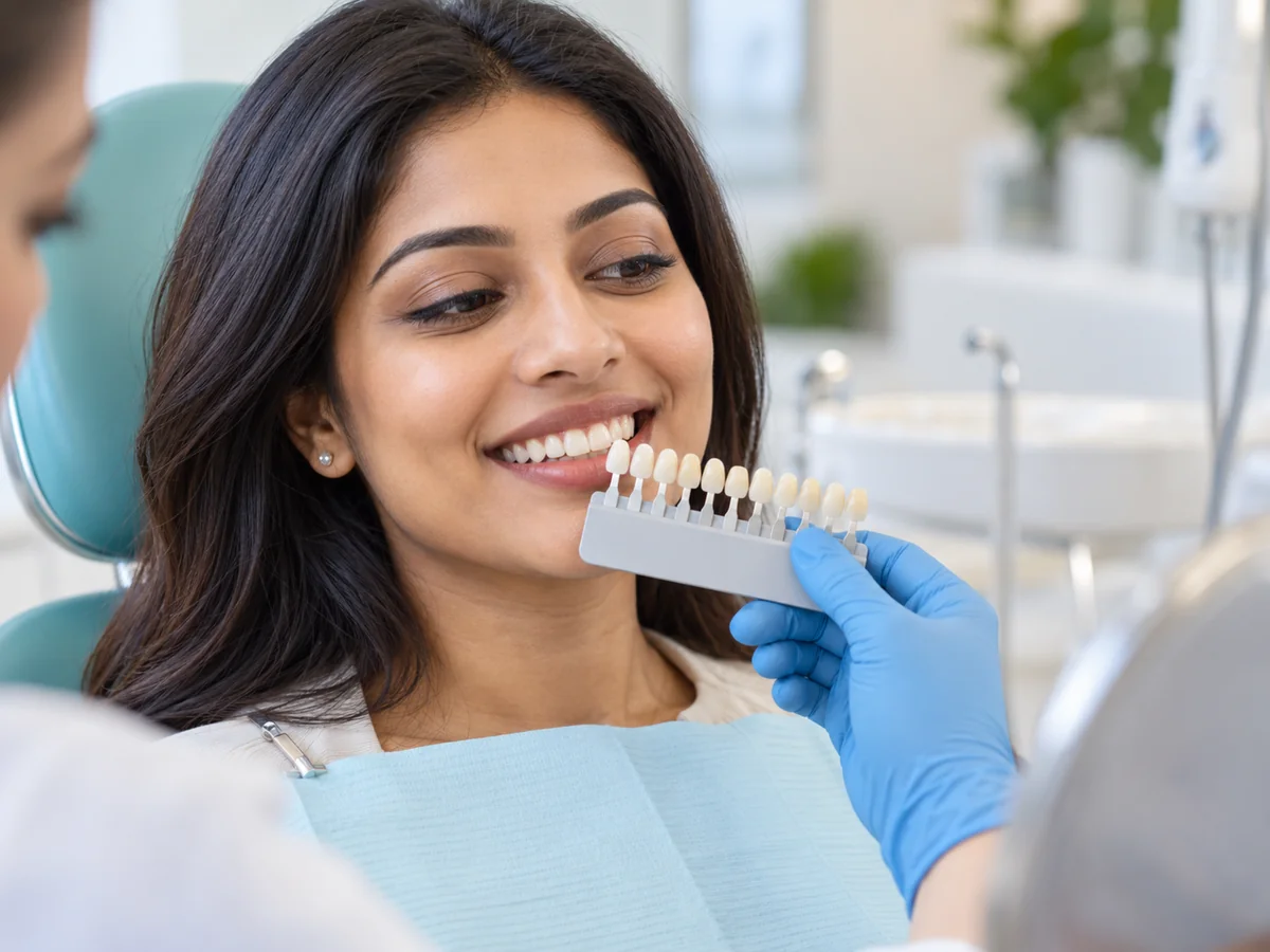Illustration of a teeth whitening consultation using a tooth shade guide