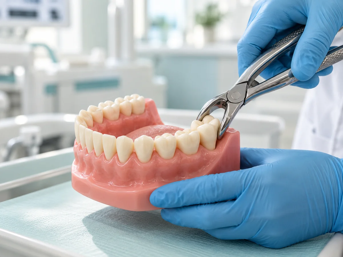 Extraction forceps demonstrating molar removal on a dental model